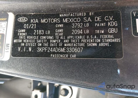 2021 Kia Forte Lxs from USA, damaged, VIN 3KPF24AD6ME330607